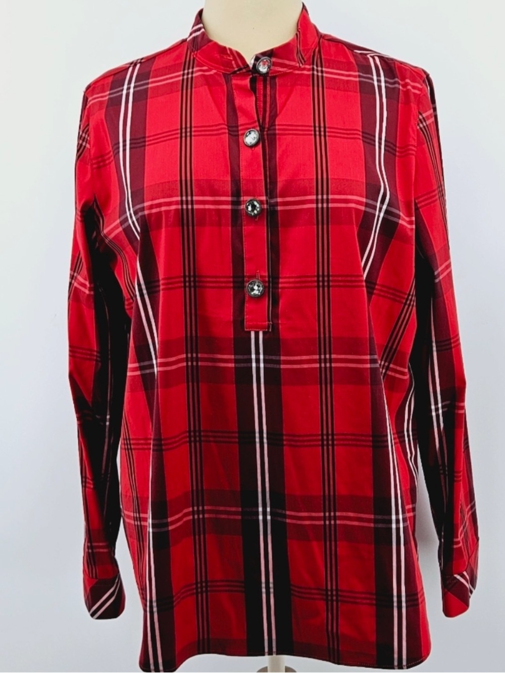 Chico's Red Plaid Crystal Bling Holiday Christmas Blouse Button Down 3 XL 16 18 - Picture 5 of 16